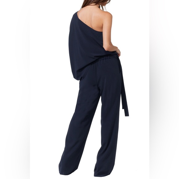 HALSTON HERITAGE *Gia* navy blue one shoulder 70s 80s classic jumpsuit 12 - Picture 5 of 8